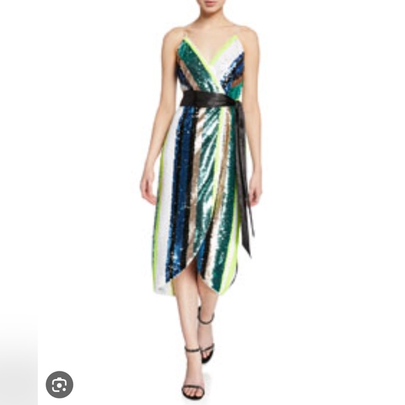 Aidan Mattox Sequin Striped Midi Wrap Dress Sz 6 - Picture 2 of 7
